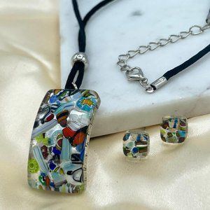 Italian Murano Glass set Necklace and Stud Earrings in Sterling Silver